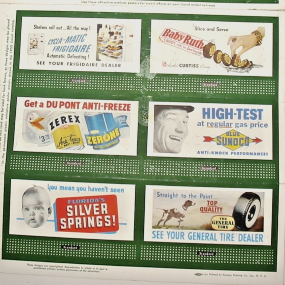 1950 Lionel Model Train Miniature Billboard Advertisements - Original Set of 6